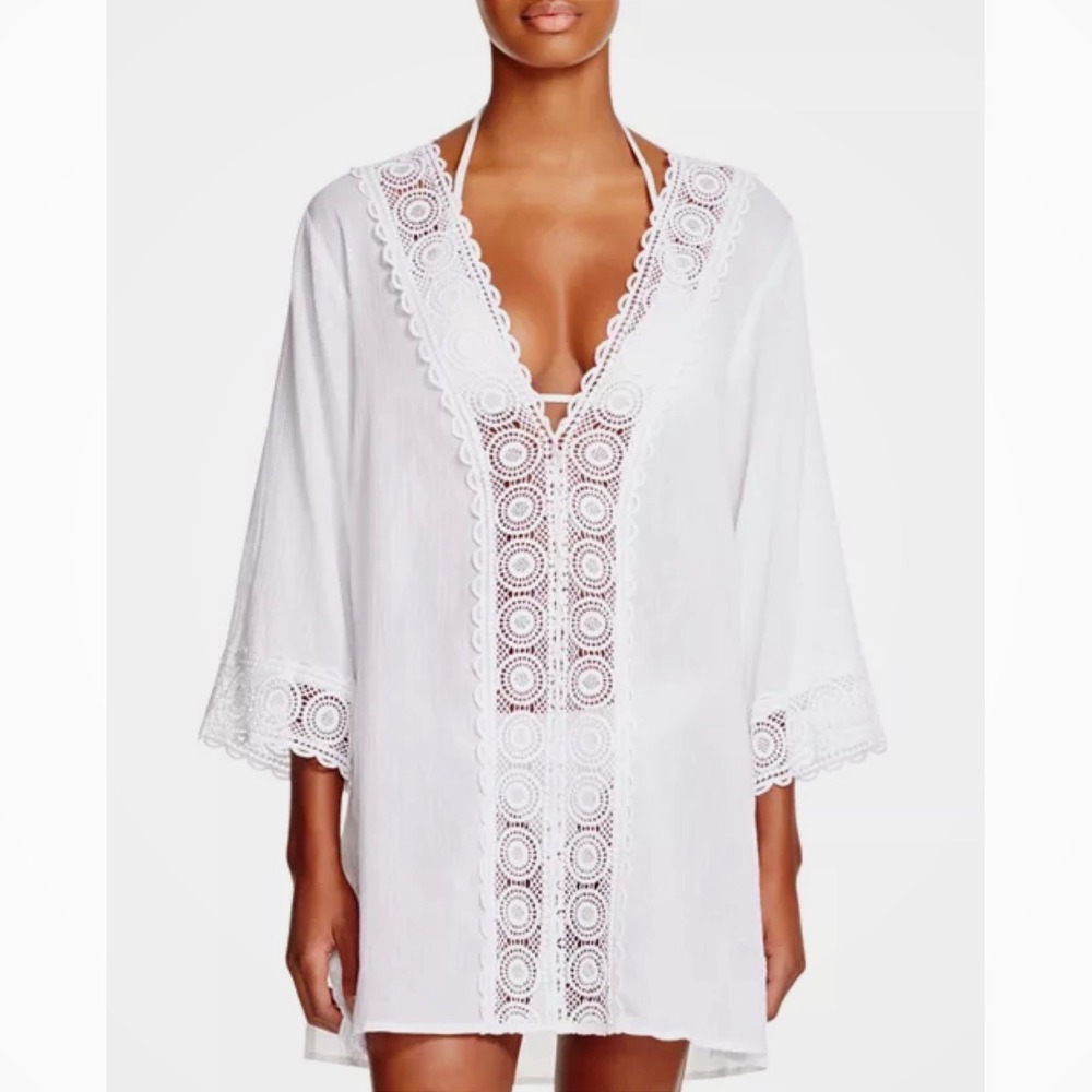 La Blanca White Cotton Gauze Crochet Lace Swim Cover Up Tunic